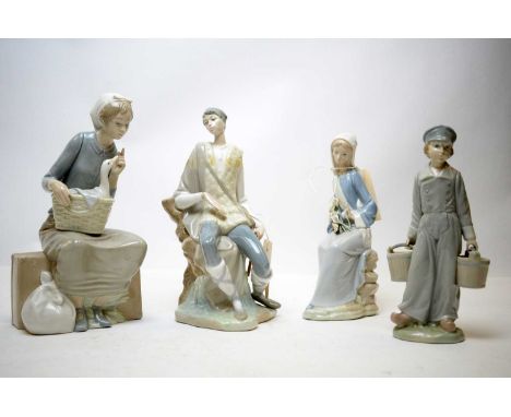 Three Lladro figures, comprising: a Shepherd boy; a lady with a bouquet; and a boy with two pails; together with a Nao figure