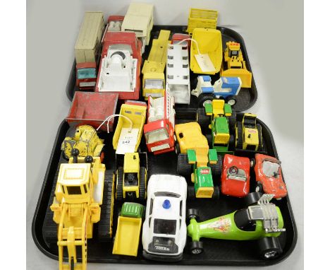 A selection of Tonka model vehicles, including cars and trucks; together with a Tri-Ang model tipper trunk, two trays.