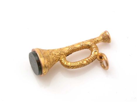 A Victorian gold bugle pattern charm set bloodstone and with floral decoration, 24mm long. 