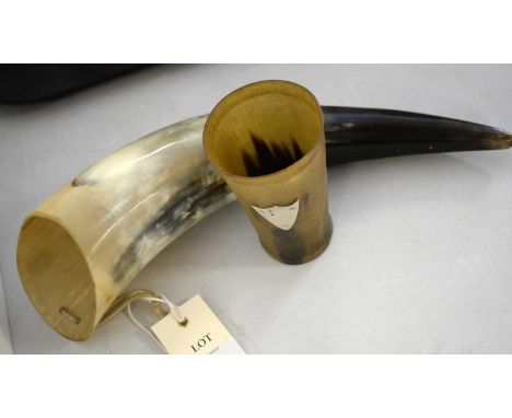 A Scottish Dykehead Horncraft naturalistic drinking flask, 31cms high; together with a horn drinking beaker, with applied shi