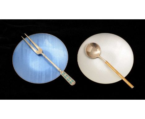 A pair of enamelled silver dishes, by J. Tostrup, Norway, 8cms diameter; an enamel silver-gilt spoon, also by Tostrup; and a 