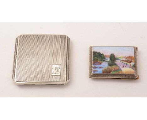 A silver compact, by HK, Birmingham 1947; and a plated metal matchbook case, with enamel front decorated with landscape desig