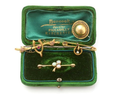 An Edwardian opal shamrock pattern brooch, in gold safety pattern mount (tests at between 9-14ct gold), 1.7g gross; a yellow 