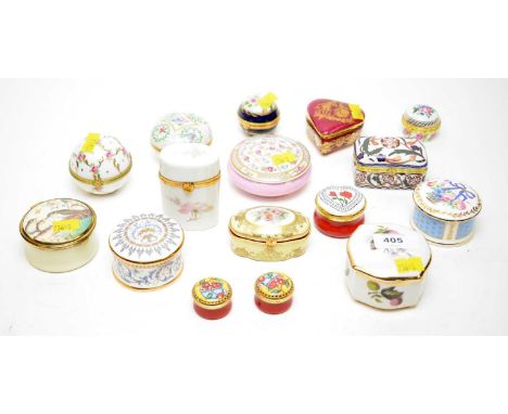 A selection of enamel pill boxes, by makers including Vista Alegre, Alastor Enamels, Past Times, and others. 