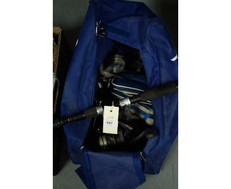 A selection of fishing items and accessories, including: Mitchell 487 reel; Silstar MT35 long cast ball bearing reel; Ryobi L