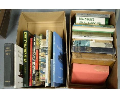 A selection of books relating primarily to trains and railways, including: Jowett’s Railway Atlas, by Alan Jowett; Cassell’s 