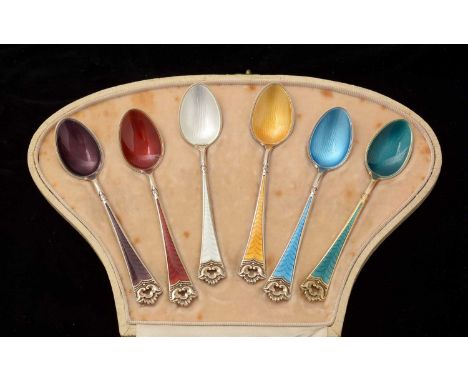 A set of six enamel silver teaspoons, by David Andersen, Norway, in polychrome colours, cased. 