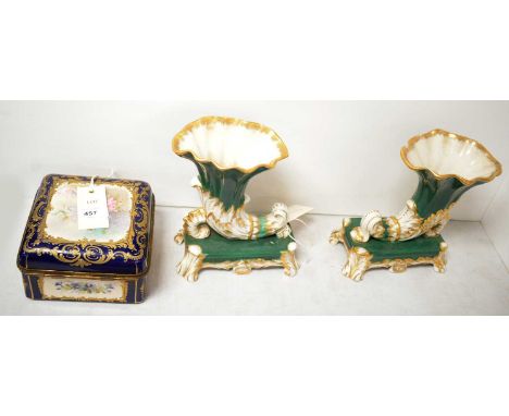 A Sevres style gilt metal bound earthenware trinket box, the hinged lid painted with a lady and cherub within blue and gilt b