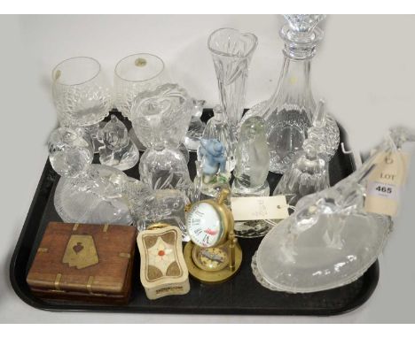 A selection of glass ware, including: Royal Crystal Rock duck figure group; decanter with stopper; two teddy bear paperweight