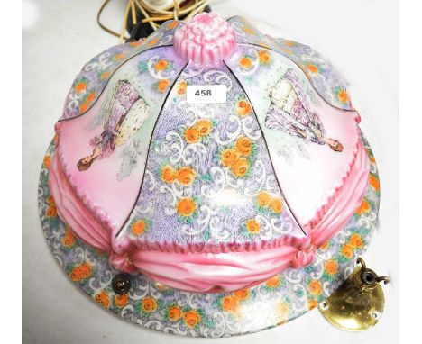 A Planofier colourful glass ceiling light shade, decorated with colourful floral panels interspaced with figures of ladies, 4