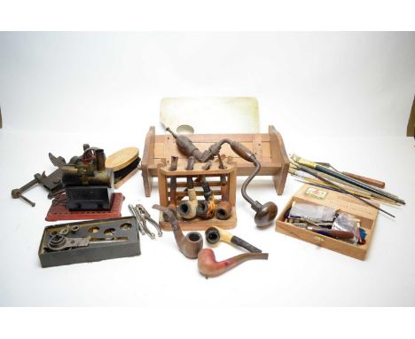 A Mamod Minor No 2 steam engine; vintage tools; paintbrushes; darts; pipes; etc.