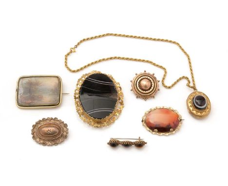 A selection of 19th Century gilt-metal pendants and brooches, including: a banded agate brooch; a banded agate pendant on cha