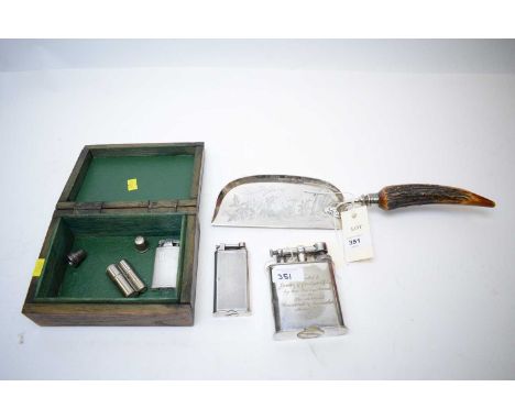 A selection of vintage lighters, including: Dunhill lighter with machined decoration; Dunhill lighter with presentation inscr