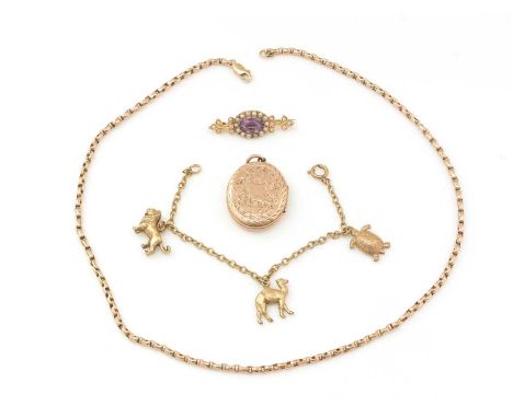 A selection of jewellery, comprising: an amethyst and seed pearl cluster brooch, in gold mount (tests as 9ct gold), with stee