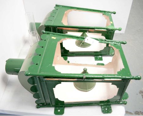 A pair of NER railway platform lamps, painted in green, each with brass ‘NER’ plaque, 62cms high, one with oil lamp insert, t