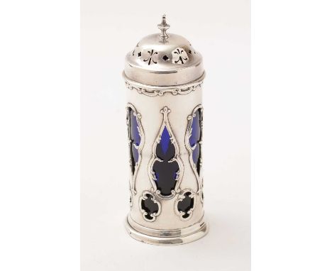 A silver sugar caster, by H. Wilkinson Ltd, Birmingham 1903, of pierced scrolling design with blue glass liner, 16cms high, 3