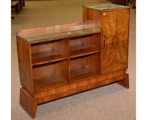 An Art Deco burr-walnut bookcase/cabinet, 115 x 33 x 95cms high.