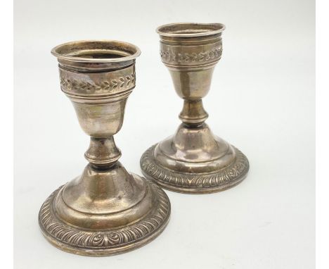 A PAIR OF VINTAGE SILVER CANDLESTICKS BY CROWNSOME SIGNS OF WEAR!  402gms 11cms 