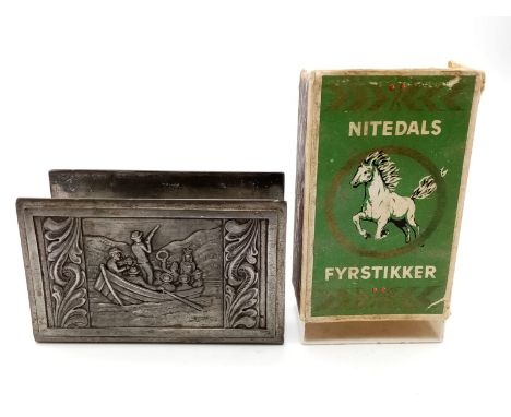 Vintage Norwegian Embossed Pewter Match Case Holder. 10 x 6cm 