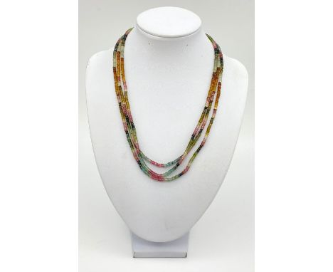 Three-Row Multi-Coloured Tourmaline Necklace with a Ruby Clasp. 44cm 