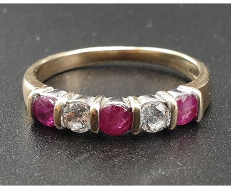 9K Yellow Gold Ruby and White Stone Ring. Size P.2.6g 