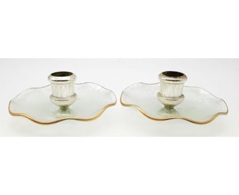 A Pair of Vintage Glass Candle Holders. Floral decoration with gilded edge. 12cm diameter. 