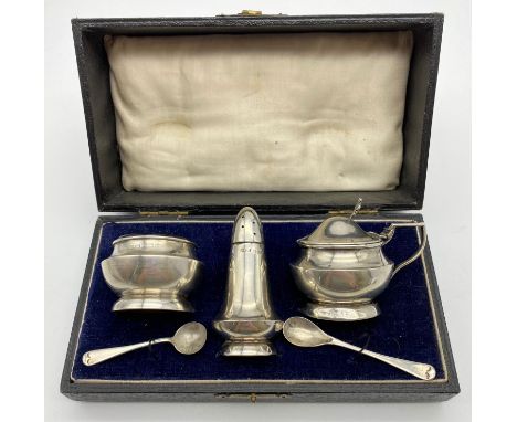 AN VINTAGE/ANTIQUE SILVER CONDIMENT SET WITH THE BLUE LINERS IN ORIGINAL BOX. SHOWING SOME SIGNS OF USE AND HAVING REPLACEMEN