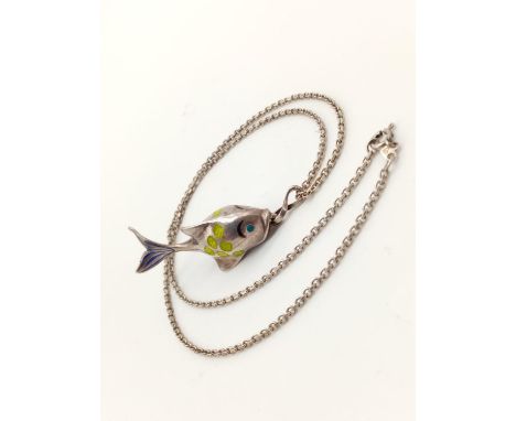 Enamel Sterling Silver Fish Pendant and Chain. 48 and 5cm. 30g total weight. 