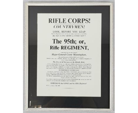 Vintage Framed and Glazed reproduction of the 95th Rifle Regiment recruitment poster from 1808. 38 x 30 cm. 
