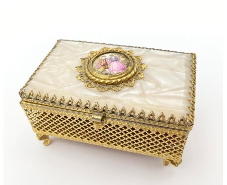 Vintage Jewellery Trinket Box with Enamel and Gilded Decoration throughout. Felt and mirror interior, pedestal feet. 10 x 6cm