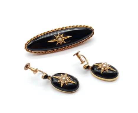 Antique Victorian 9K Yellow Gold and Jet Enamel Mourning Set. Seed Pearl decoration to centres. Brooch and Earrings. 14g tota