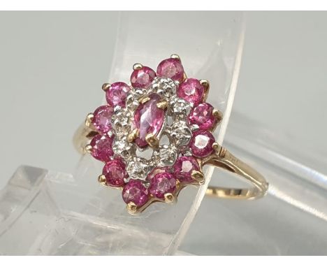 Vintage 9K Yellow Gold Diamond and Ruby Ring.Size R. 2.4g 