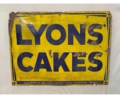 Vintage Original Lyons Cakes Enamel Advertising Sign. Condition as per photos. 100 x 75cm. 