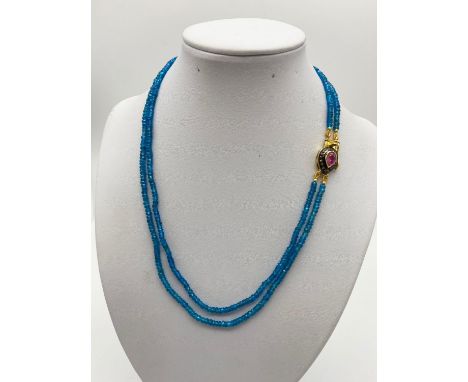 Two- Row 3mm Blue Apetite Necklace with Ruby and Diamond Clasp in a  Vintage Style. Sterling silver, gold plate finish. 42cm 