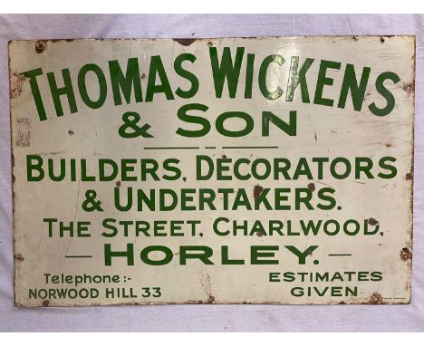 Vintage Thomas Wicks and Son Metal Sign. Builders, Decorators and Undertakers! Condition as per photos.92 x 61cm 