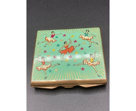 Vintage 1950s Stratton compact having enamelled lid with ballerinas to top .Rare square shape. 
