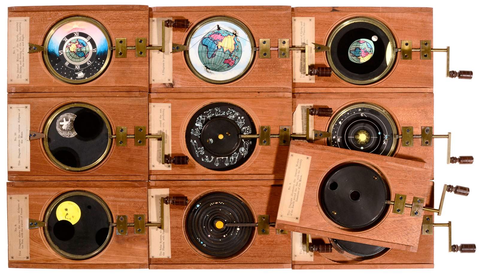 10 Astronomical Magic Lantern Slides 10 finely handpainted astronomical double rackwork slides,