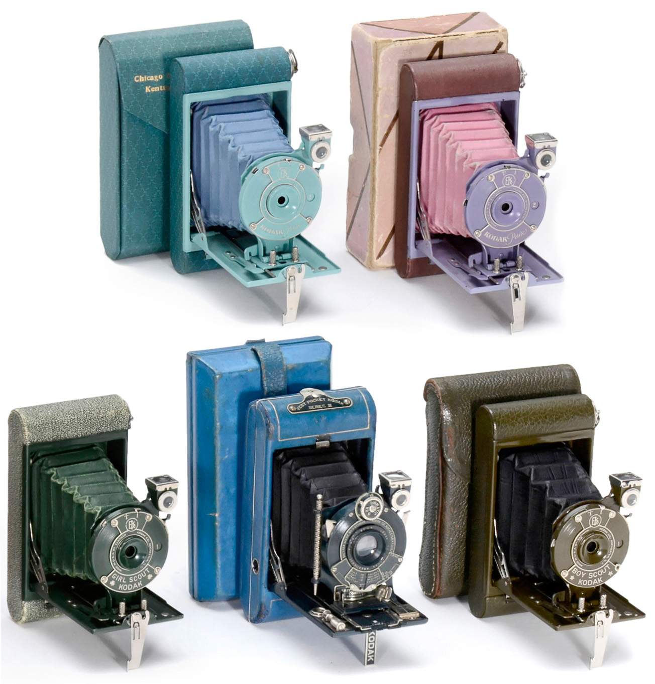 5 Colored Kodak Rollfilm Cameras Eastman Kodak, USA. 1) Vest Pocket