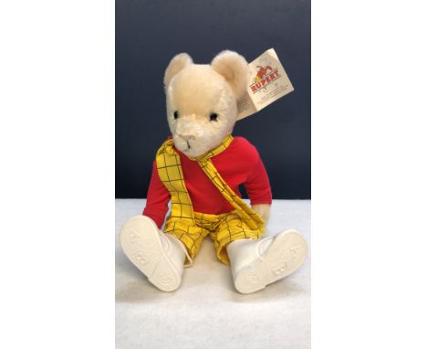 Merrythought 1992 Rupert Bear plush doll with original tag, dressed in a red sweater and yellow checkered trousers. Licensed 