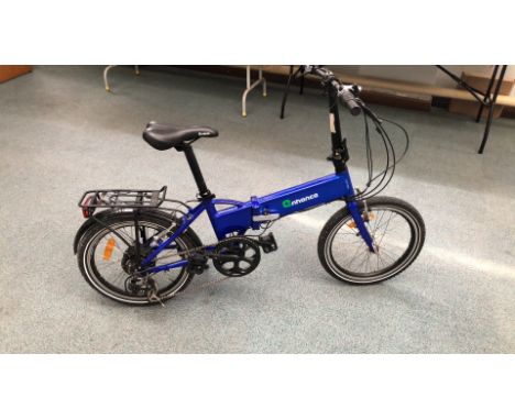 Folding electric bike in striking blue. Electrics not working Compact design with pedal assist, sturdy frame, and rear rack.