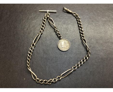 Silver pocket watch chain & fob with dog clip & T-bar Weight 38g