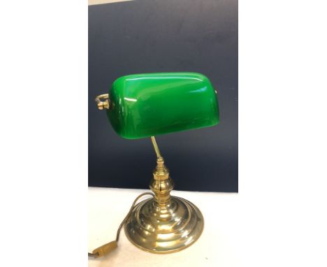 Vintage brass banker’s lamp with classic green glass shade. Electrified with inline switch.