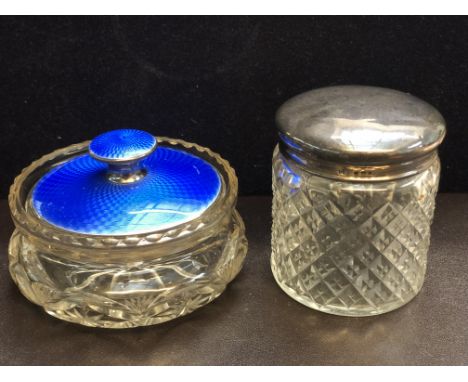 Silver & enamel lidded powder pot & 1 other silver lidded pot 