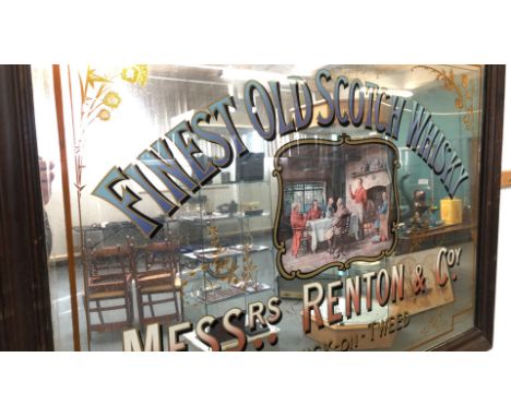 Vintage advertising mirror for "Finest Old Scotch Whisky" by Messrs Renton & Co, Berwick-on-Tweed features reverse glass gild