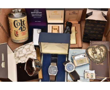 AN ASSORTMENT OF LIGHTERS AND WATCHES, to include a 'Masai' novelty gorilla lighter, other lighters names to include Ronson, 