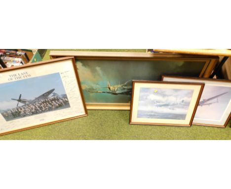 A collection of framed prints, signed and illustrating 'The Last of the Few', a Spitfire in flight, a Lancaster Spitfire and 