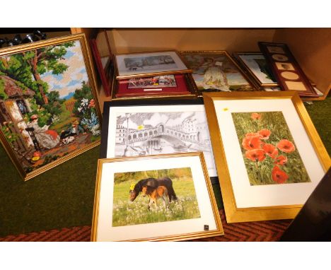 A quantity of framed prints, and original watercolours, to include illustrations of poppies, a sketch of Venice, photographs 