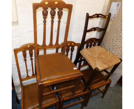 A quantity of dining chairs, rexine upholstery, oak frames, carved backs, also to include a ladder back chair with rush seati