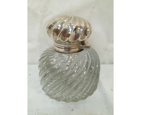 A Victorian twistglass inkwell with silver top marked 'G B'