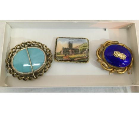 A guilloche enamelled brooch; together with painted example and a portrait
